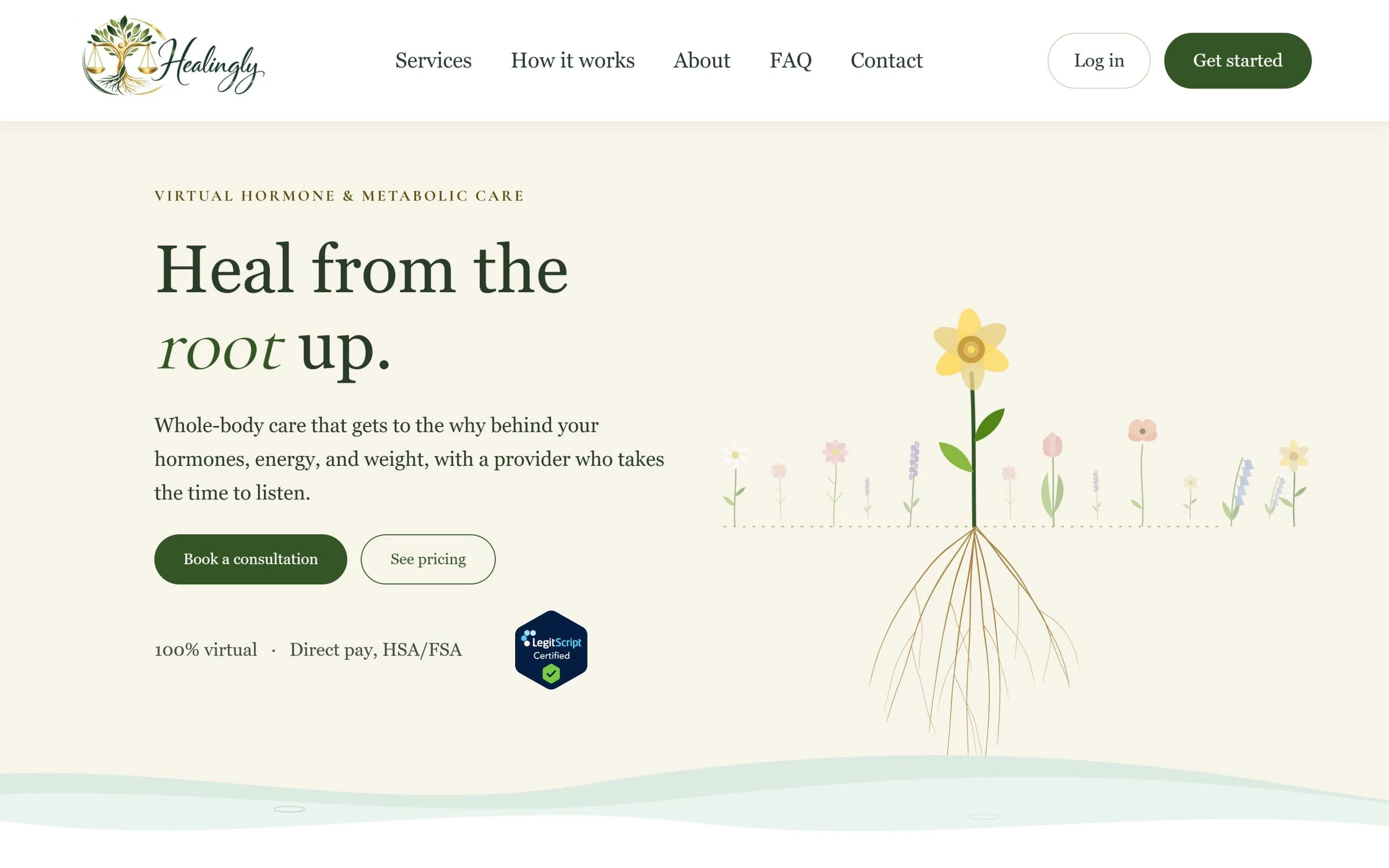 Healingly homepage with the headline Heal from the root up, booking buttons, and an illustrated flower with roots