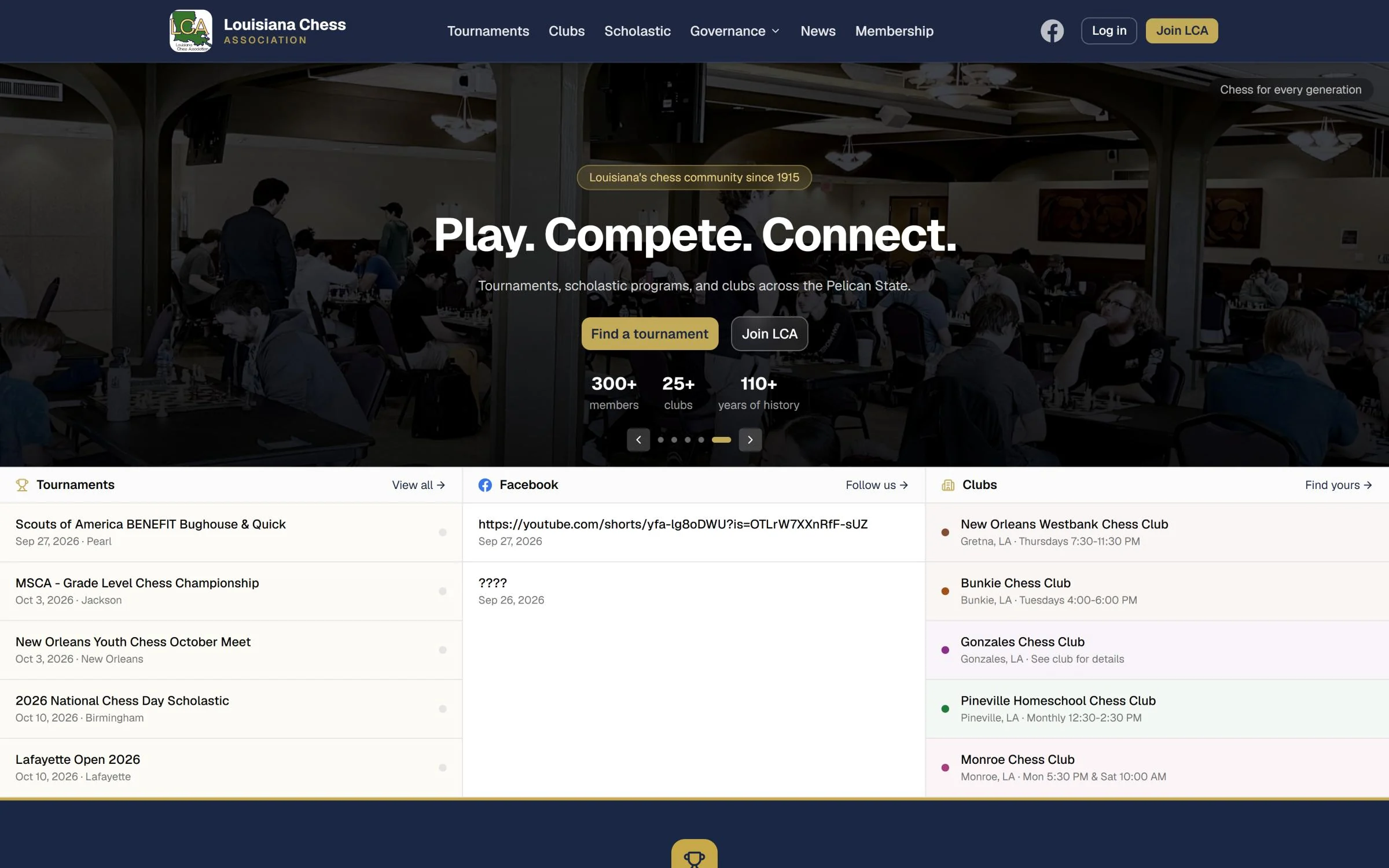 Louisiana Chess Association homepage with the headline Play. Compete. Connect. over a tournament photo, and columns for tournaments, Facebook and clubs