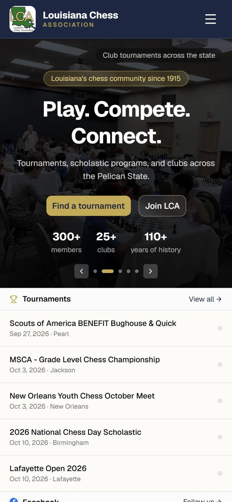 Louisiana Chess Association homepage on a phone